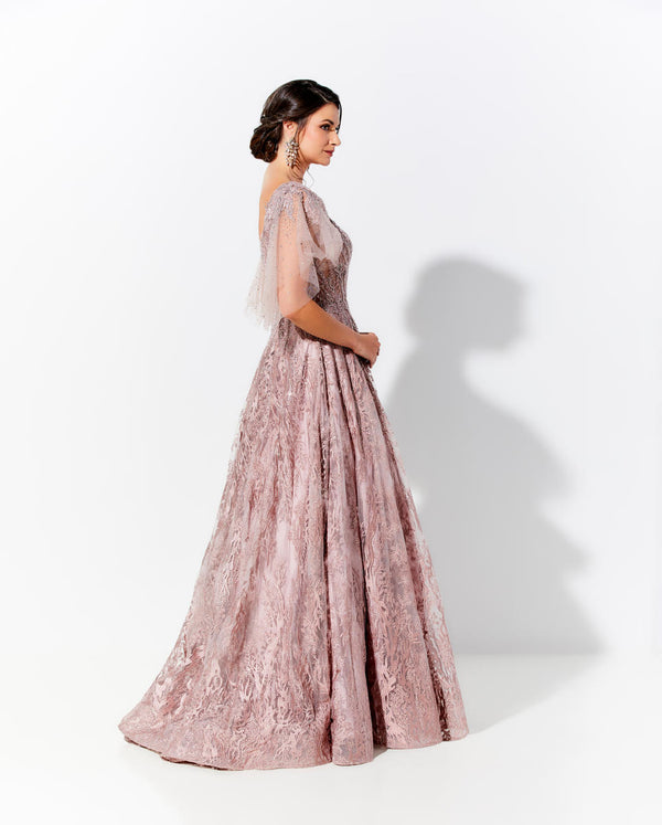 Ivonne D 120D10 Slate Embroidered Lace Ballgown