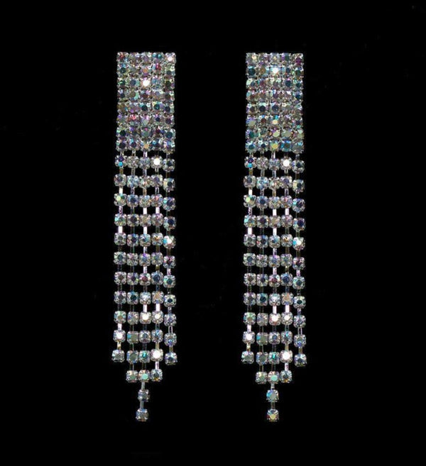 Rhinestone Fray AB Iridescent Silver Earrings Rhinestone Jewelry Corp