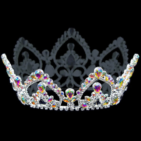 Iridescent Teardrop AB Arch 4" Rhinestone Silver Full Crown Back View Rhinestone Jewelry