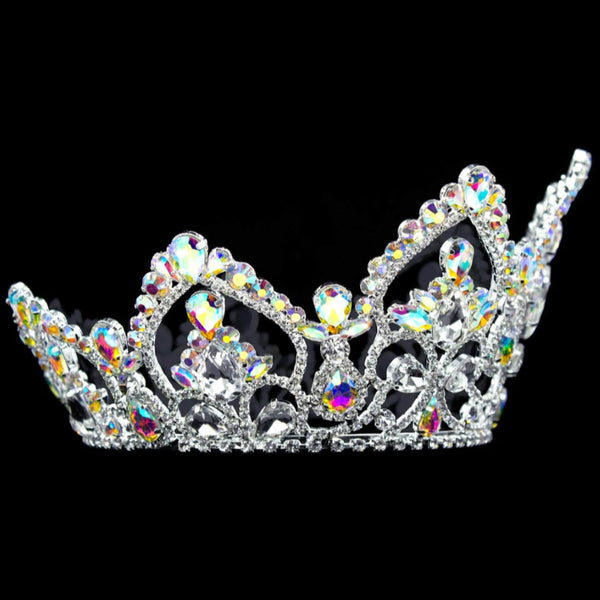 Iridescent Teardrop AB Arch 4" Rhinestone Silver Full Crown Side View Rhinestone Jewelry