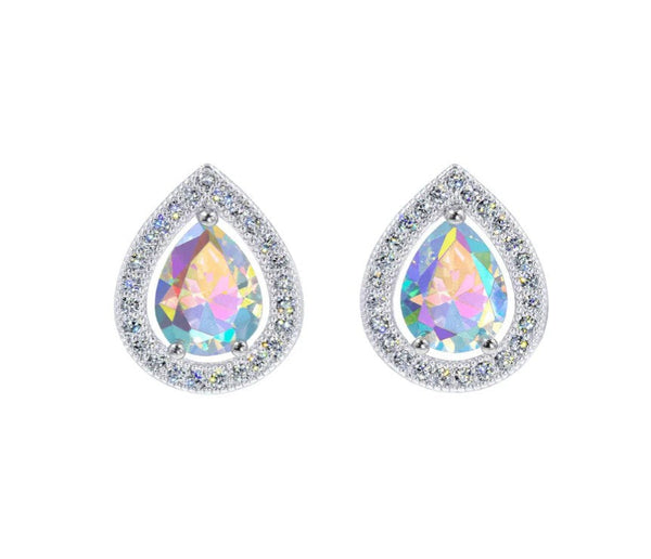 Teardrop Brilliance Halo Set AB Silver Stud Earrings Rhinestone Jewelry Corp