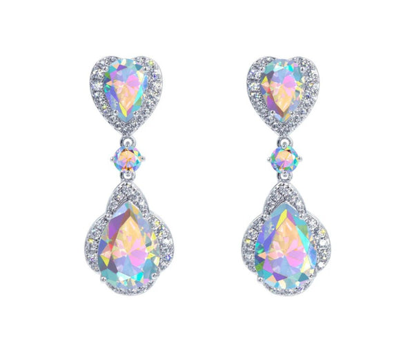 Enchanted CZ Heart Cascade AB Silver Earrings Rhinestone Jewelry
