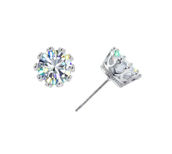 Vintage-Style Crown Setting Cubic Zirconia Silver Stud Earrings Rhinestone Jewelry Corp