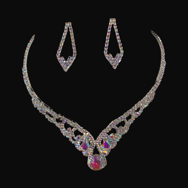 Iridescent Teardrop Stone Accented Rhinestone Paved V Shape Silver Necklace and Earring Set