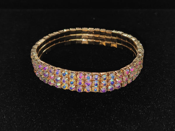 Iridescent AB Rhinestone 3 Row Gold Stretch Bracelet Rhinestone Jewelry Corp