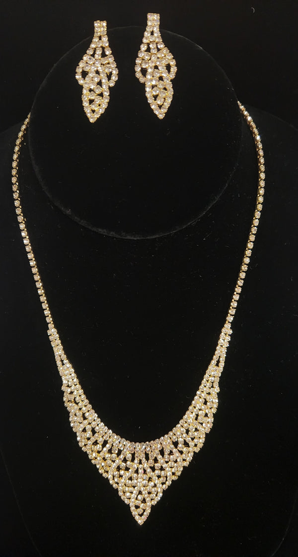 Rhinestone Petal Pave Gold Necklace and Earring Sets Wona Trading Co