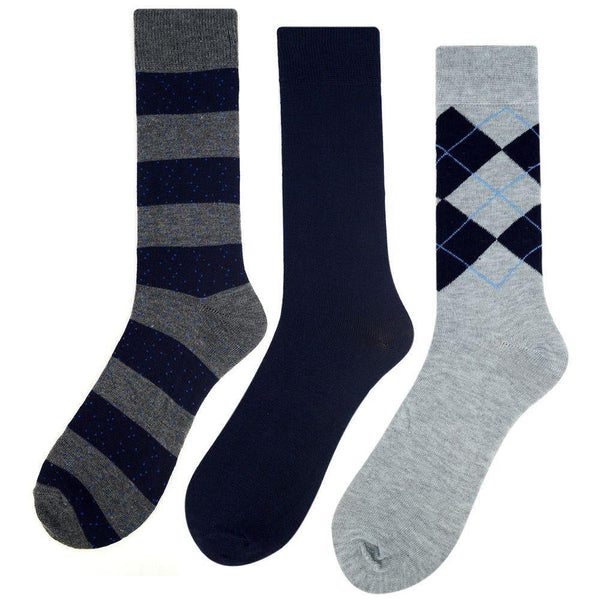 Men's 3 Pack Fancy Crew Socks - Grey and Navy Designs SELININY
