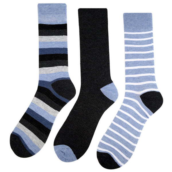 Men's 3 Pack Fancy Crew Socks - Light Blue and Grey Stripes SELININY