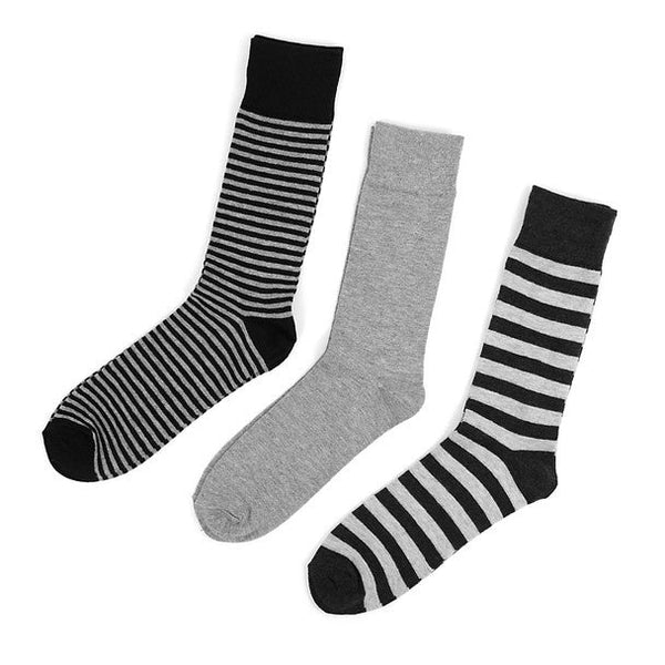 Men's 3 Pack Fancy Crew Socks - Grey and Black Stripes SELININY