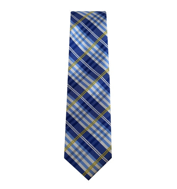White, Powder Blue, and Yellow Stripes On Blue Plaid Design Tie TieOutlet.com