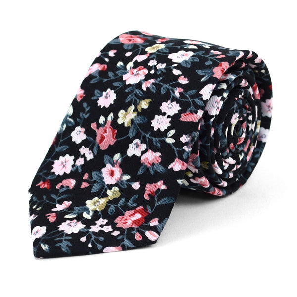 Black & Pink Rose Floral Print Cotton Slim Tie SELININY