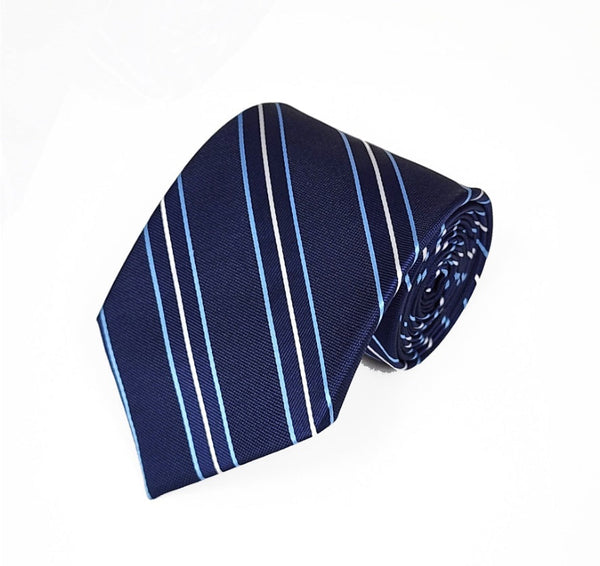 French Blue, White, Blue Pinstripe on Navy Woven Tie TieOutlet.com