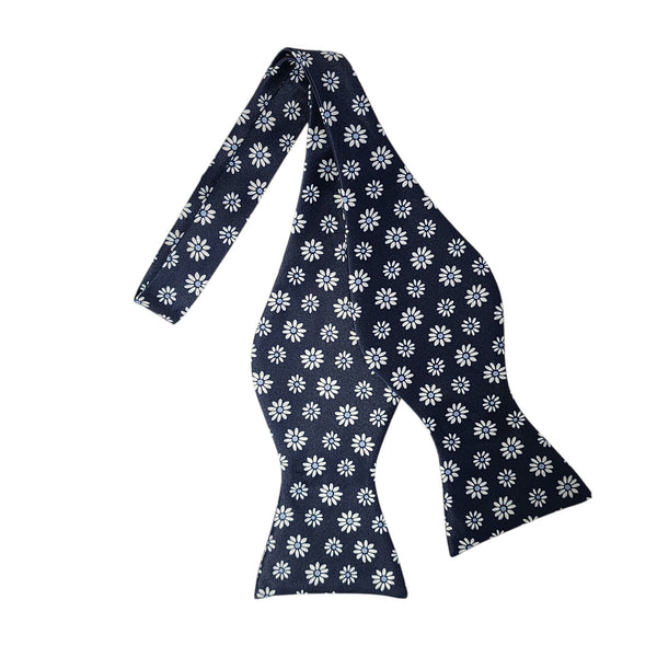 Navy Blue with White Floral Design Self Tie Bow Tie TieOutlet.com