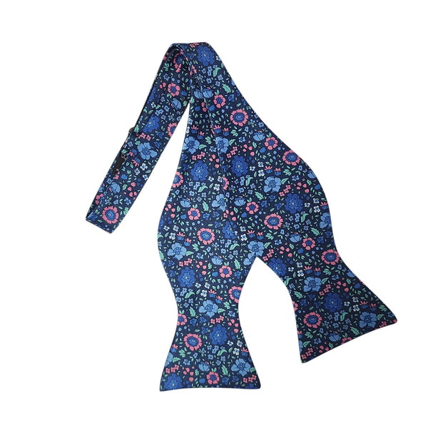 Pink and Blue Floral Design on Navy Self Tie Bow Tie