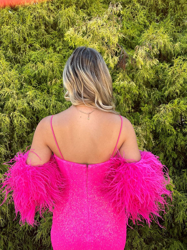 Ava Presley 28287 Hot Pink Sequin Dress w/ Feather Sleeves Ava Presley