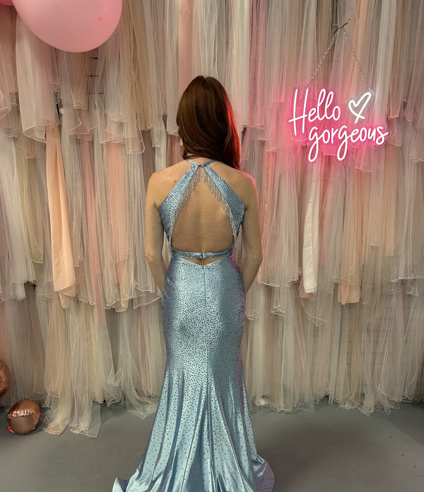 Ava Presley 37394 Light Blue Halter Fit-n-Flare Dress Ava Presley