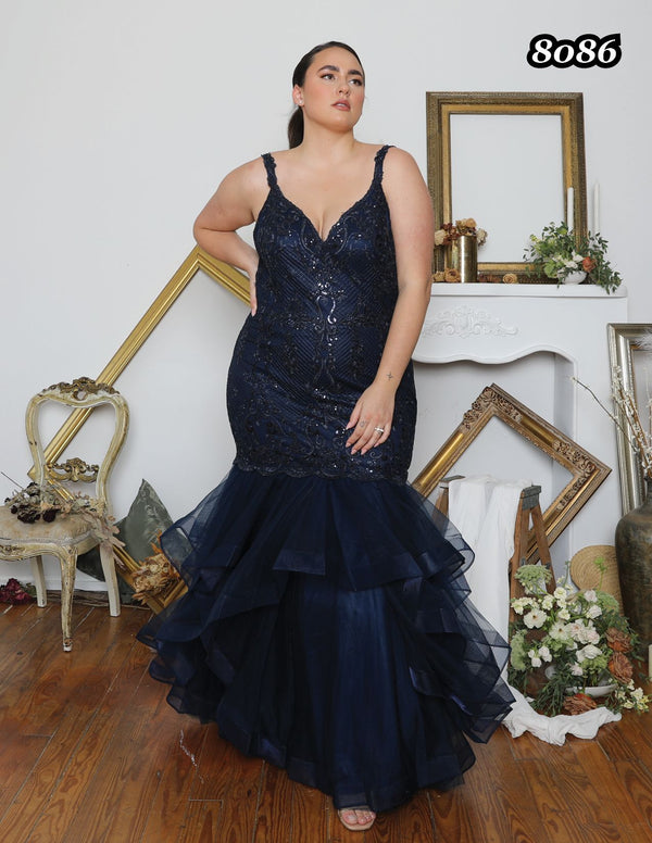 ATHENA PROM 8086 Marine Blue V-Neck Embroidered Lace Tulle Mermaid Dress Athena Prom