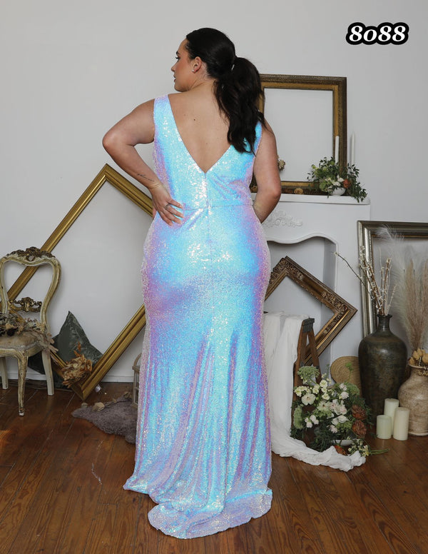 ATHENA PROM 8088 Iridescent Blue Deep V-Neck Sequin Dress