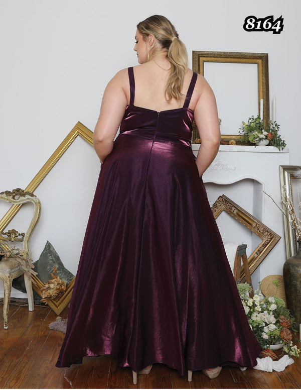 ATHENA PROM 8164 Plum Purple Square Neck Shimmer Satin A-Line Dress Athena Prom