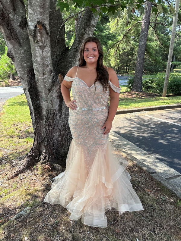 ATHENA PROM 8165 Off the Shoulder Fit-n-Flare Layered Mermaid Dress Athena Prom