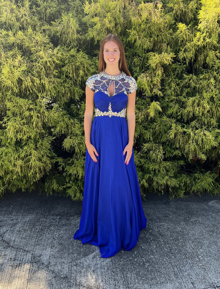 Alyce Paris 6414 Royal Blue Beaded Illusion Neckline Chiffon Prom Dress