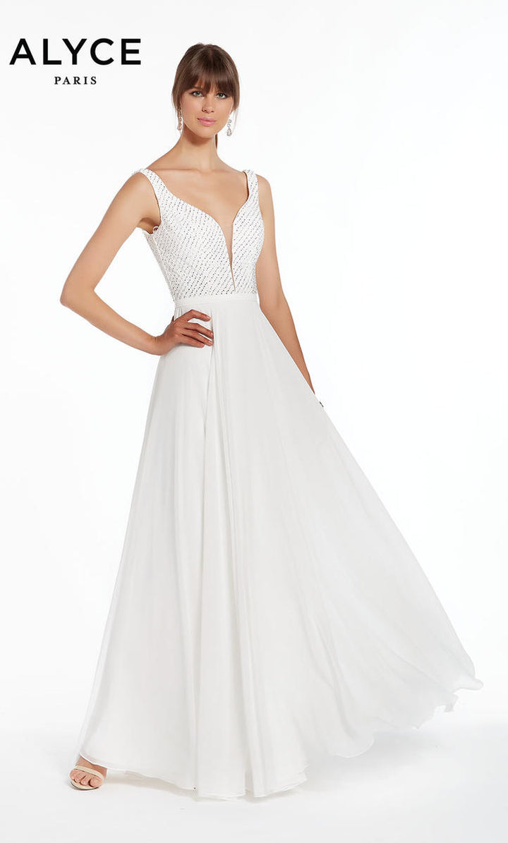ALYCE Paris 1389 Diamond White V-Neckline Chiffon A-Line Dress
