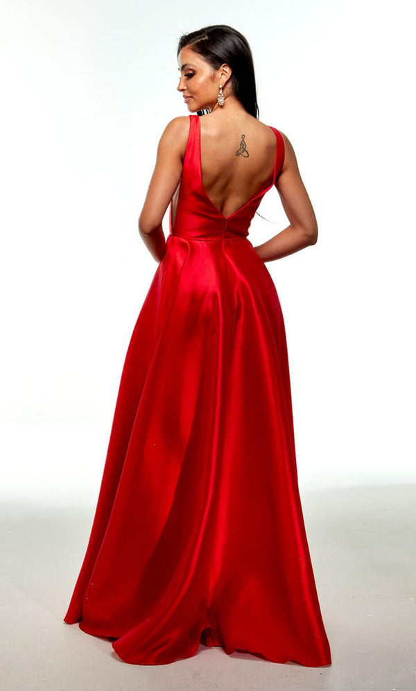 ALYCE Paris 1704 Red V-Neck Slim A-Line Dress with Slit Alyce Paris