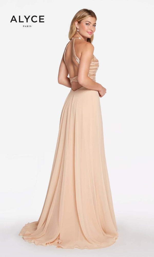 ALYCE Paris 60146 Light Gold High Neck Chiffon Dress