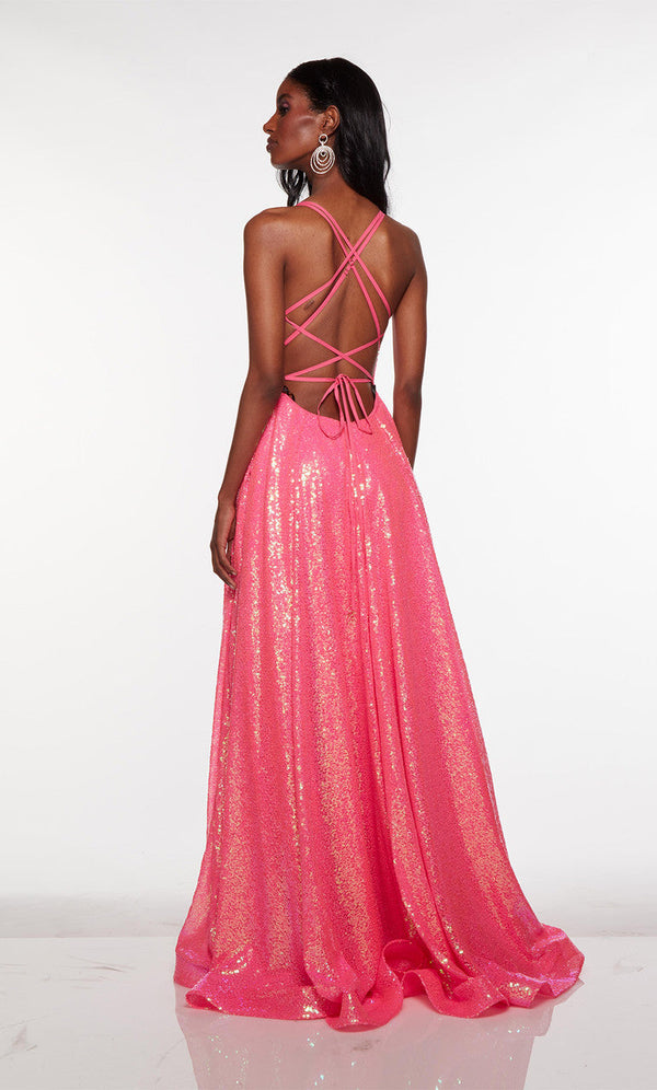 ALYCE Paris 61398 Neon Pink Sequin A-Line Dress with Lace Up Back