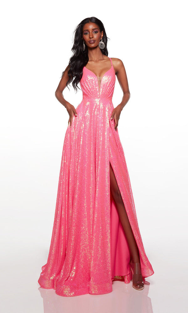 ALYCE Paris 61398 Neon Pink Sequin A-Line Dress with High Slit