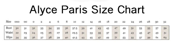 Alyce Paris size chart for Dresses in sizes from 000 to 32 with measurements for Bust, Waist and Hips in inches.