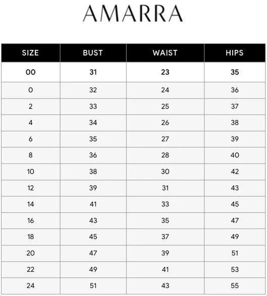 Amarra Formal Dresses Size Chart