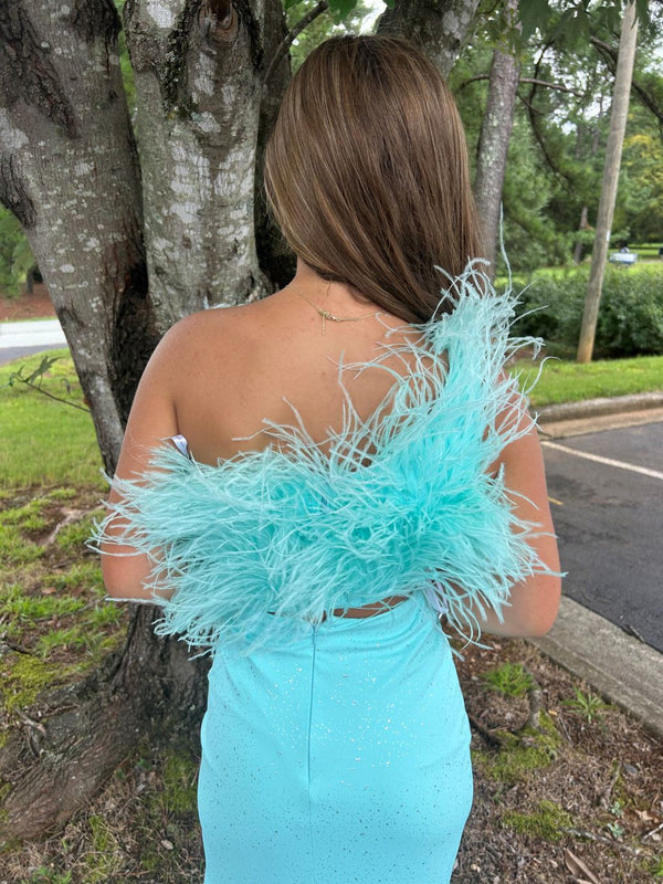 Ava Presley 38841 Aqua One Shoulder Feather Bodice Dress Ava Presley