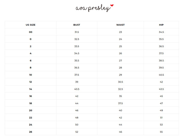 Ava Presley Size Chart with US sizes, bust, waist, and hip measurements.