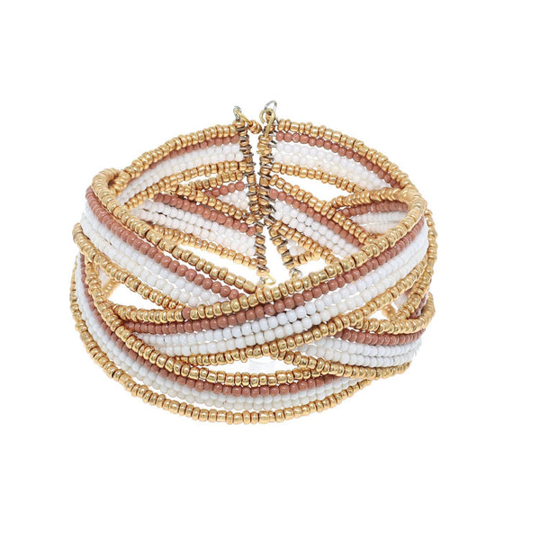 Ivory Gold Bohemian Criss-cross Beaded Wrap Bracelet Sophia Collection dba Something Special