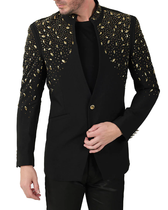 Black & Gold Rhinestone Stand-Up Collar Fashion Jacket Barabas Vassarilos Angelesca