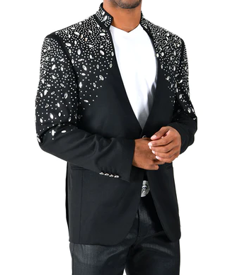 Black & Silver Rhinestone Standup Collar Fashion Jacket Barabas