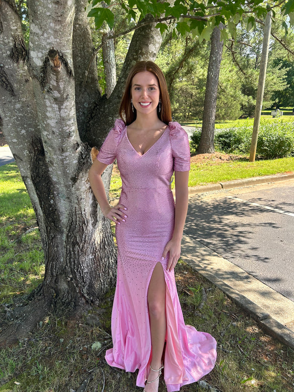 Blush Prom 12120 Rose Pink Dress with Short Ruched Sleeves