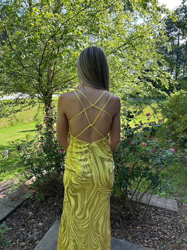 Blush Prom 12124 Yellow Sequin Design Fitted Dress