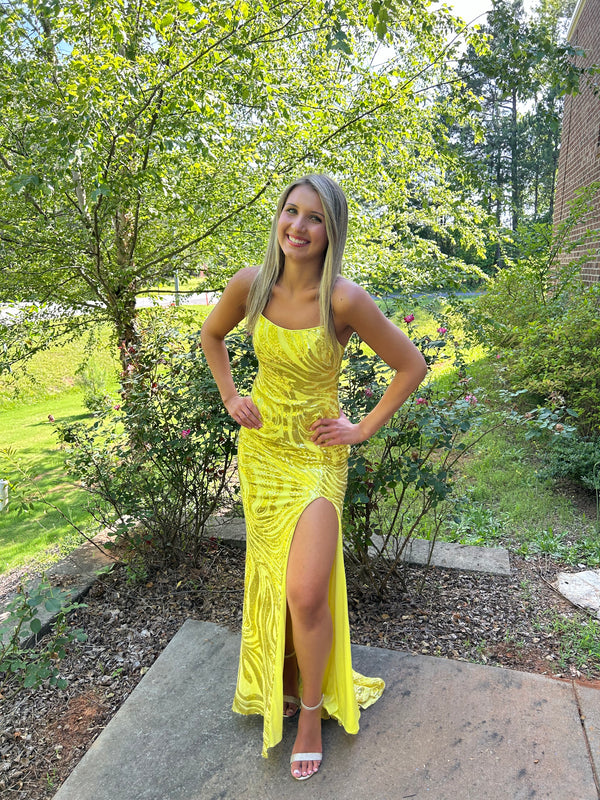 Blush Prom 12124 Yellow Sequin Design Fitted Dress