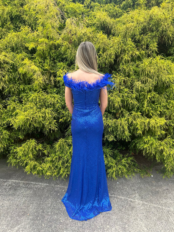 Blush Prom 12170 Feather Off the Shoulder Sequin Dress