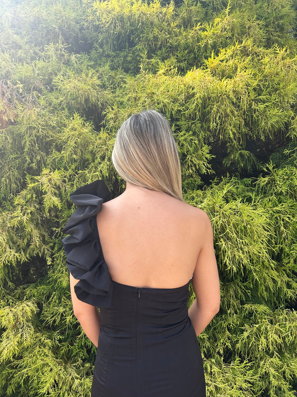 Blush Prom 12180 Black One Shoulder Dress with Slit