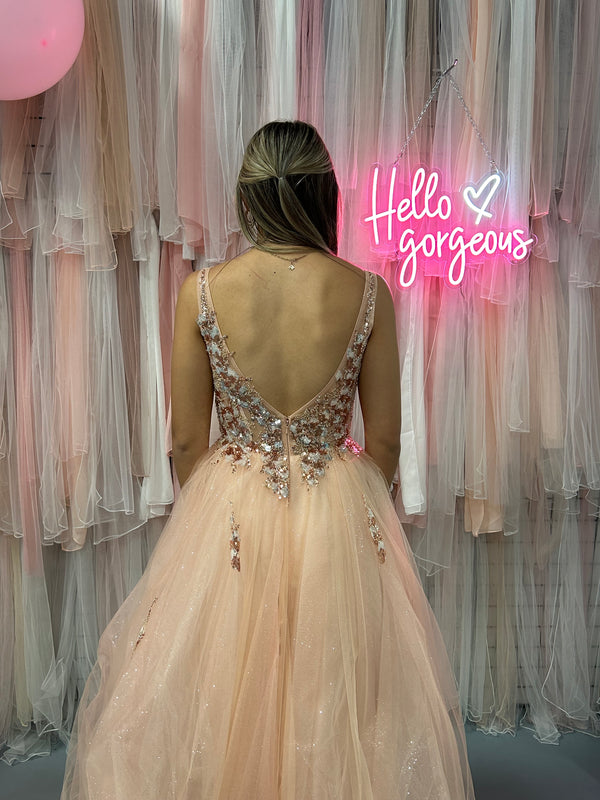Blush Prom 5879 Light Peach Copper Sequin Tulle Ballgown