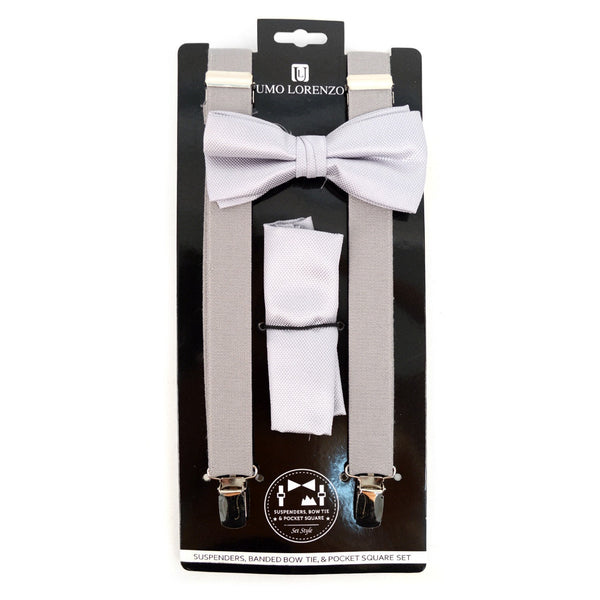 Suspender, Bow Tie & Pocket Square Set - Silver Grey SELININY