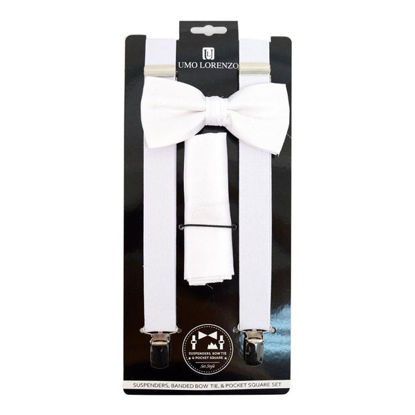 Suspender, Bow Tie & Pocket Square Set - White SELININY