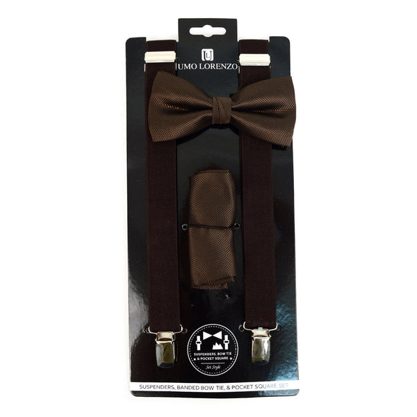 Suspender, Bow Tie & Pocket Square Set - Brown SELININY