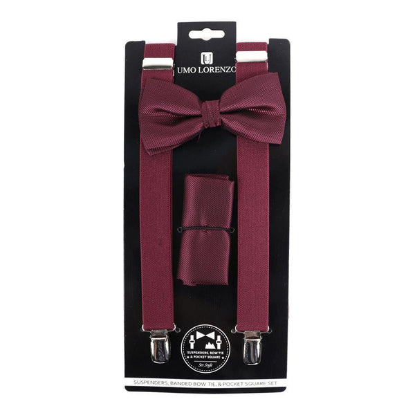 Suspender, Bow Tie & Pocket Square Set - Burgundy SELININY