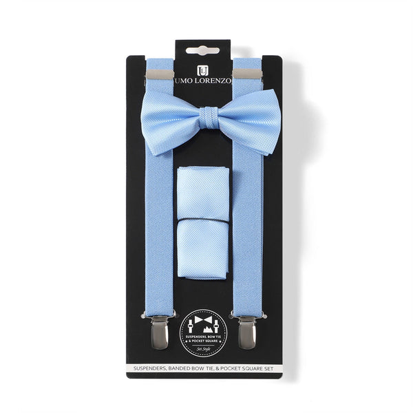 Suspender, Bow Tie & Pocket Square Set - Light Blue SELININY