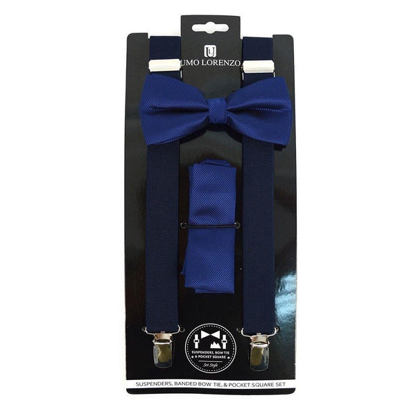 Suspender, Bow Tie & Pocket Square Set - Navy Blue SELININY
