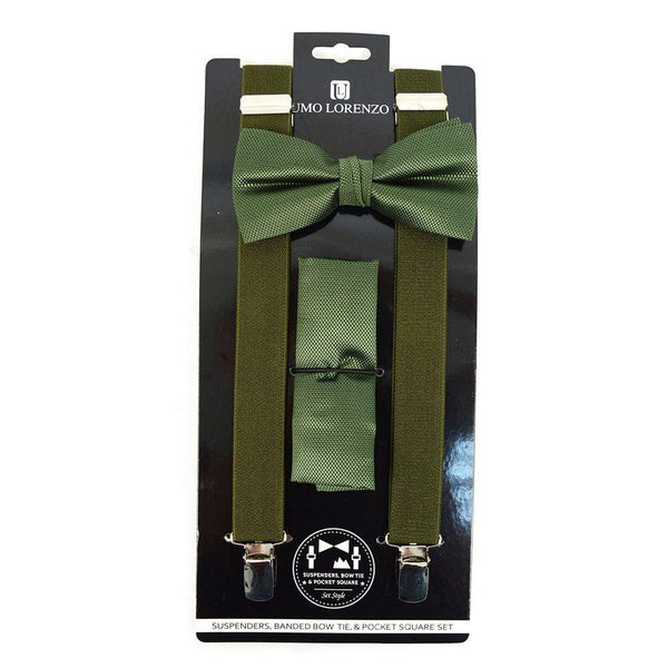 Suspender, Bow Tie & Pocket Square Set - Olive Green SELININY